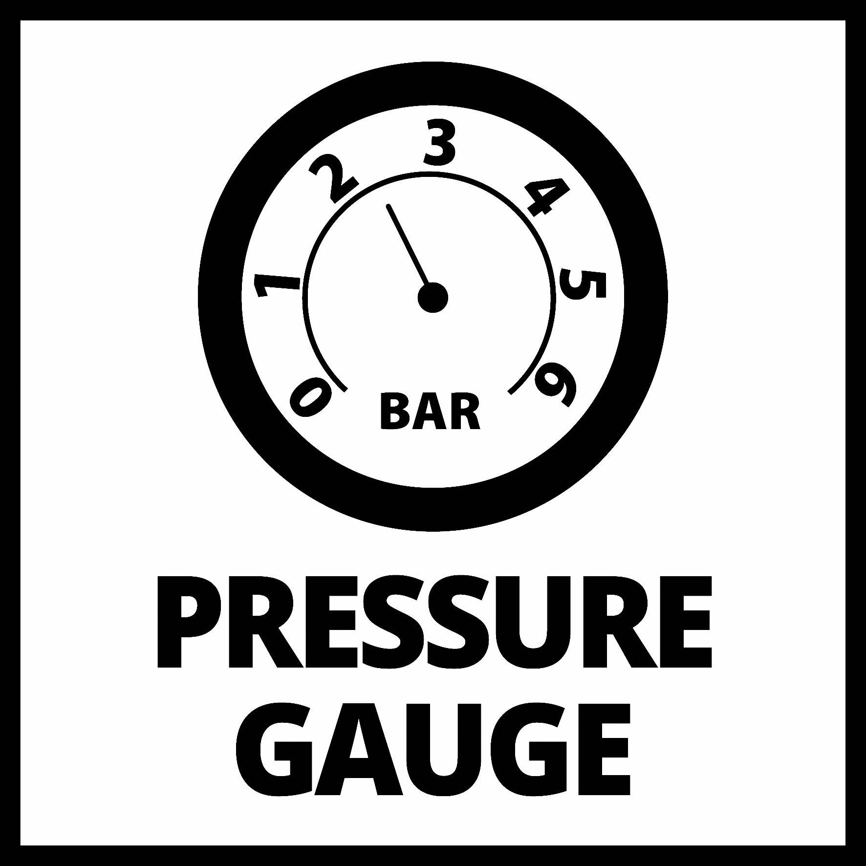 Tlakoměr zobrazuje tlak mezi 3 a 4 bary, s nápisem 'PRESSURE GAUGE' pod stupnicí.