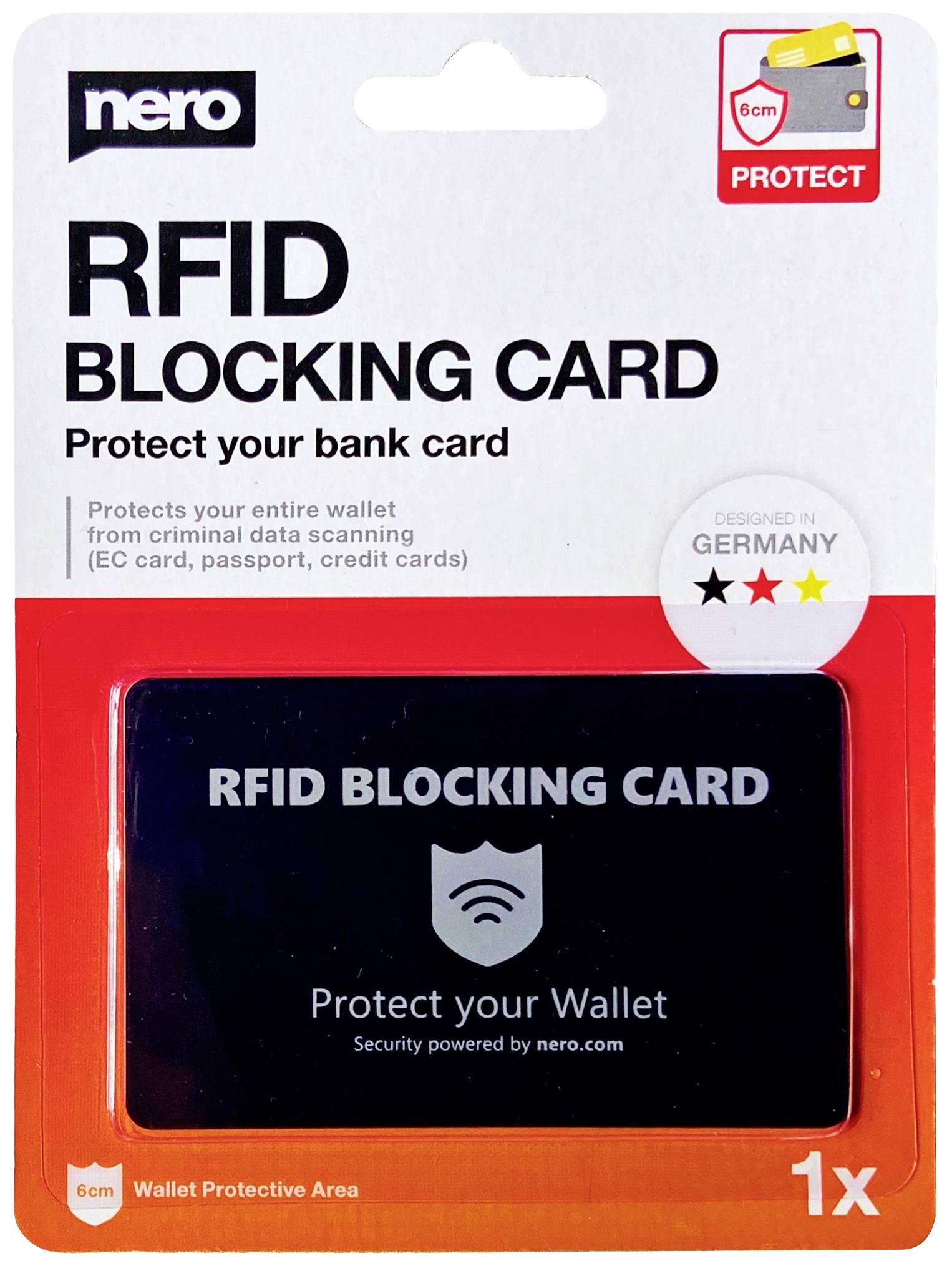 RFID blokující karta v obalu pro zabránění krádeže dat z kreditních karet. Vyrobeno v Německu.