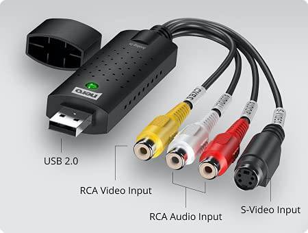 USB 2.0 video adaptér pro zachycení obrazu s konektory: žlutý RCA video, bílý RCA audio, červený RCA audio a S-Video. Propojuje analogová zařízení s počítačem.