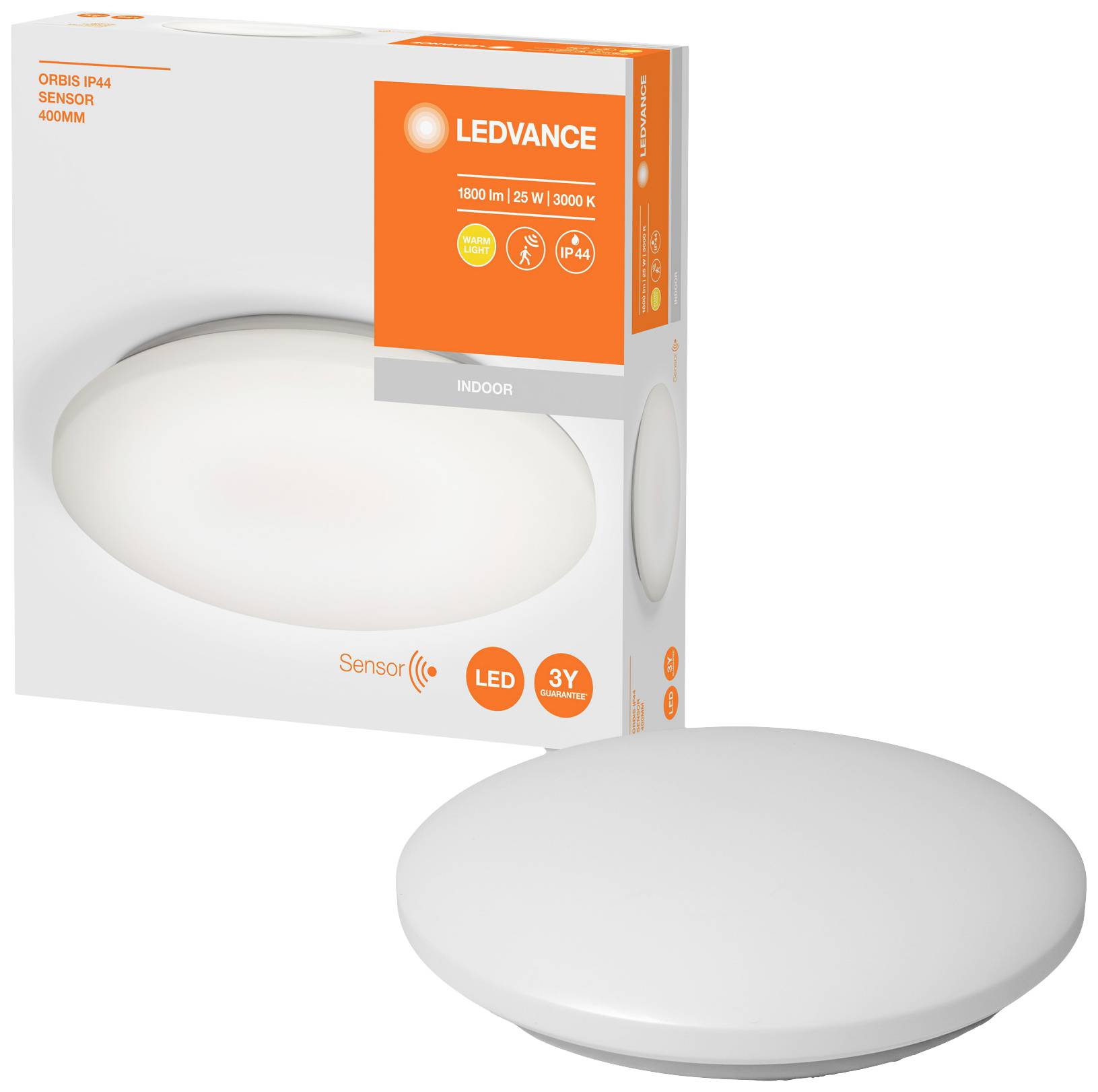 LED stropní svítidlo před obalem s nápisem 'LEDVANCE ORBIS IP44, 1000 lm, 25 W, 3000 K'. Vhodné do interiéru, s čidlem.