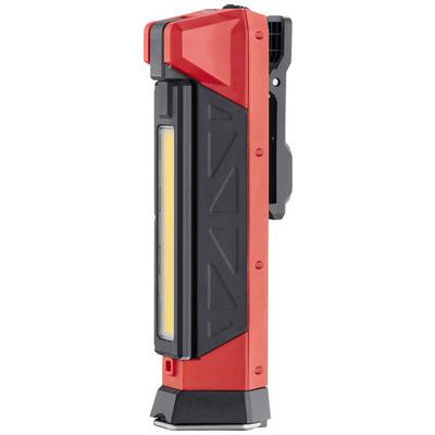 Červené a černé přenosné LED pracovní světlo, vertikálně stojící, s integrovaným háčkem a magnetickým držákem pro flexibilní upevnění.