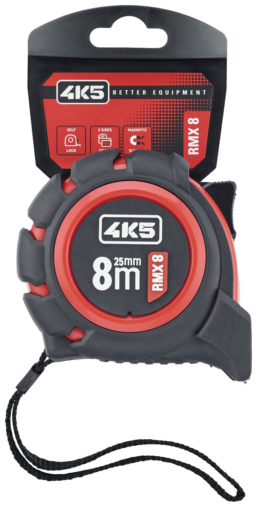 Černé a červené měřicí pásmo, délka 8 m, značka 4KS, s gumovaným pouzdrem a závěsnou smyčkou, vhodné pro přesné měření.