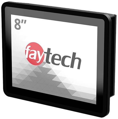 Černý 8palcový dotykový monitor od Faytechu s logem uprostřed, obklopený geometrickými šedými tóny v pozadí.
