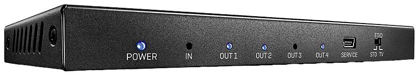 Černý distributor s pěti modrými LED indikátory, USB portem a slotem na SD kartu. Přípojky jsou označeny jako 'IN' a 'OUT'.