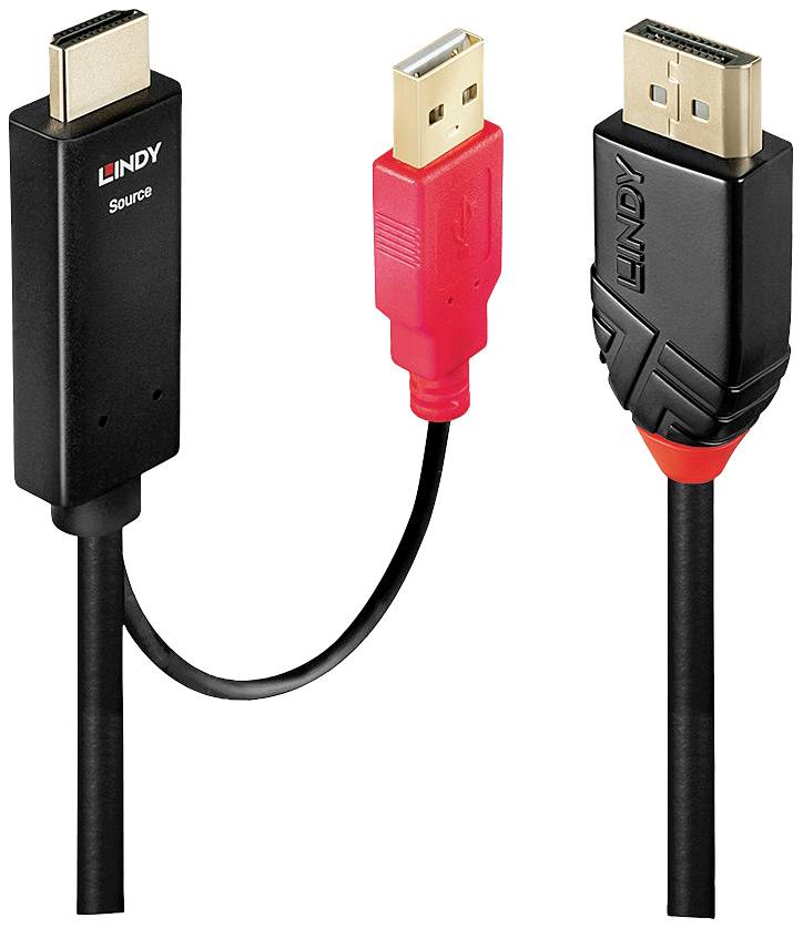Dva kabely se zástrčkami: vlevo černá HDMI zástrčka s nápisem 'Source', vpravo DisplayPort zástrčka; uprostřed USB zástrčka.