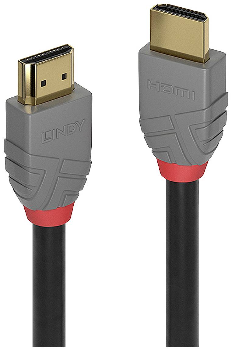 Dva šedé HDMI konektory s červeným prstencem a černým kabelem, jeden označený nápisem 'LINDY', druhý nápisem 'HDMI'.