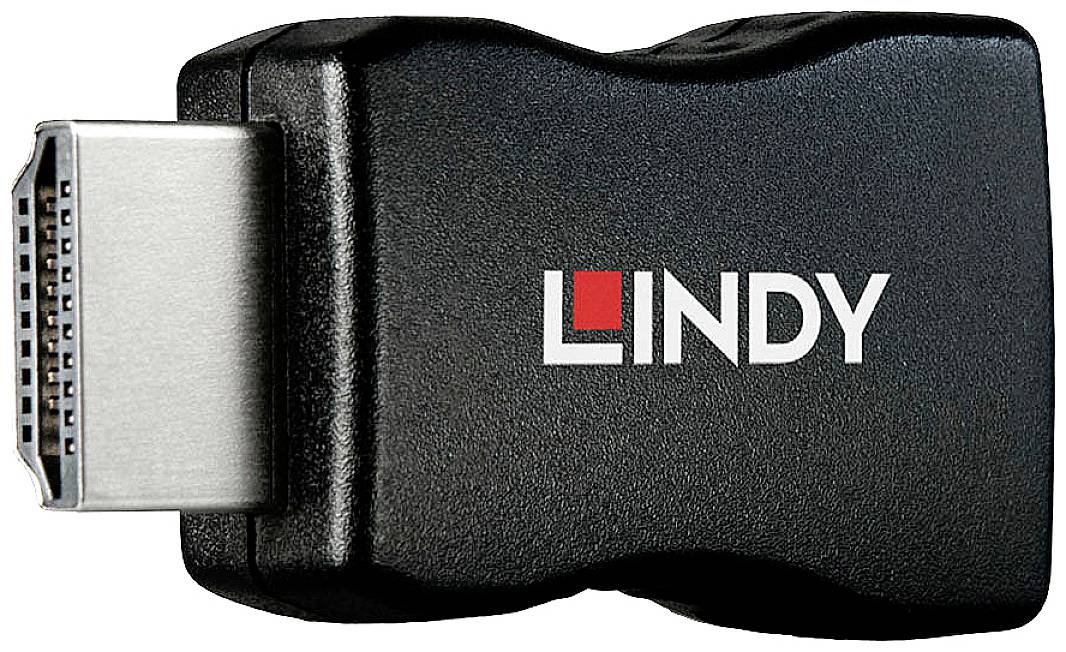 Černočervený adaptér s nápisem 'Lindy', HDMI konektor vlevo.