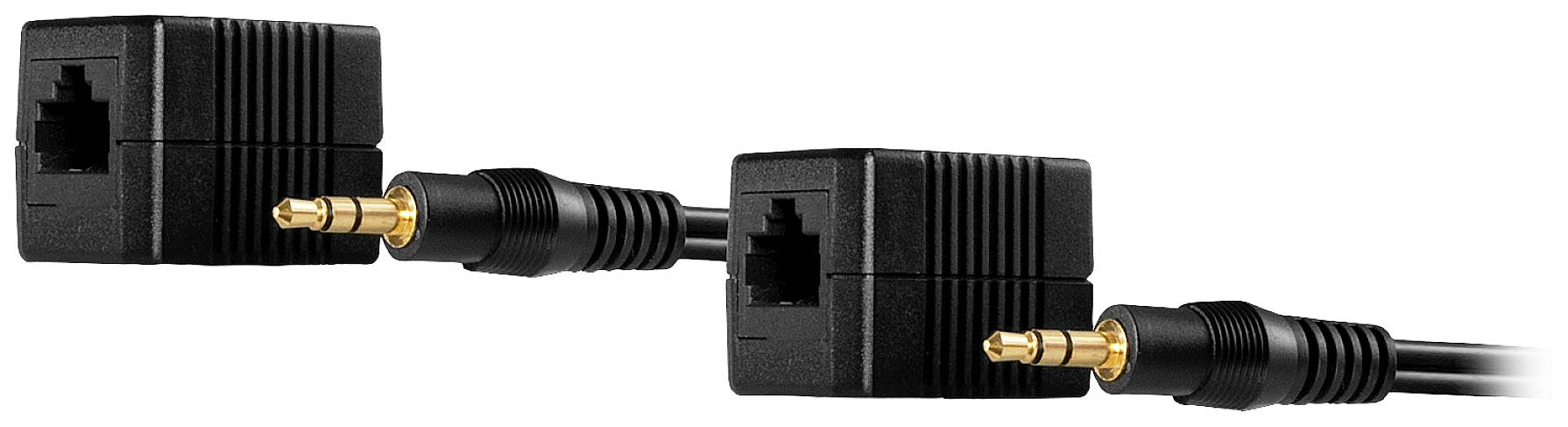 Dva černé audio kabely propojené dvěma 3,5mm konektory. Jeden z nich končí v zásuvce s hranatým pouzdrem.