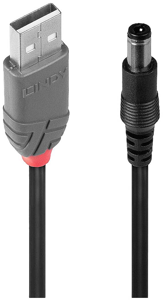 USB-DC adaptační kabel: Obrázek zobrazuje adaptační kabel s USB konektorem na jedné straně a DC konektorem na straně druhé.