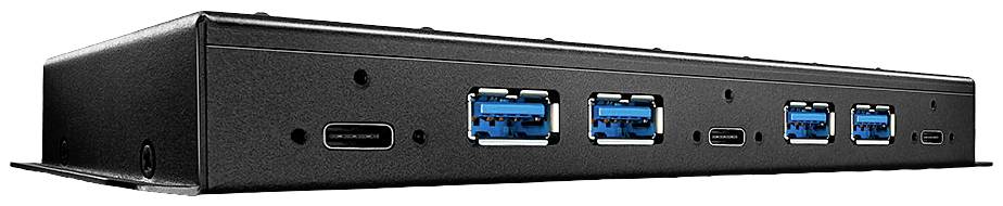 Zadní strana dokovací stanice se čtyřmi USB 3.0 porty a dvěma USB-C porty. Černý kryt, technické zařízení.