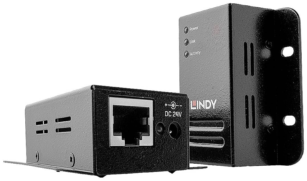 Dva černé síťové přístroje, jeden s ethernetovým portem a druhý s LED indikátory napájení, propojení a aktivity, na bílém pozadí.