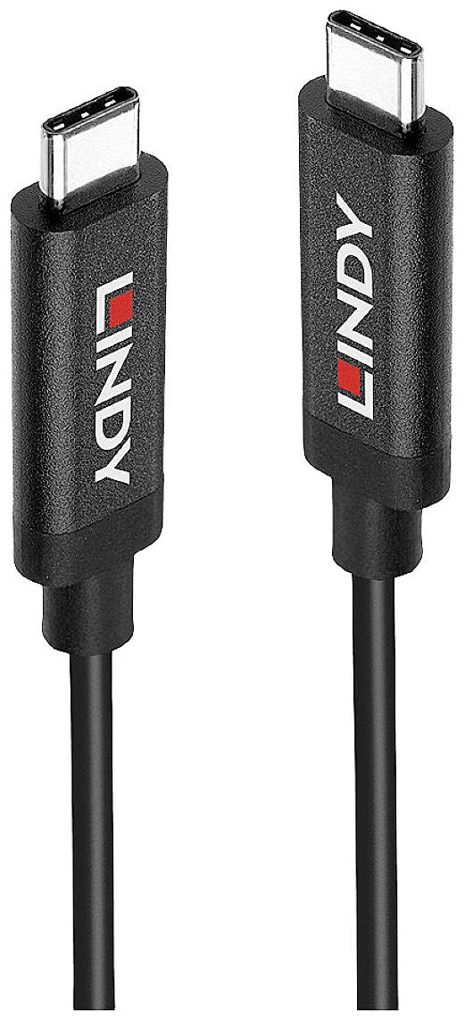 Na obrázku je černý USB-C kabel s červenými a bílými logy 'LINDY' na koncovkách.