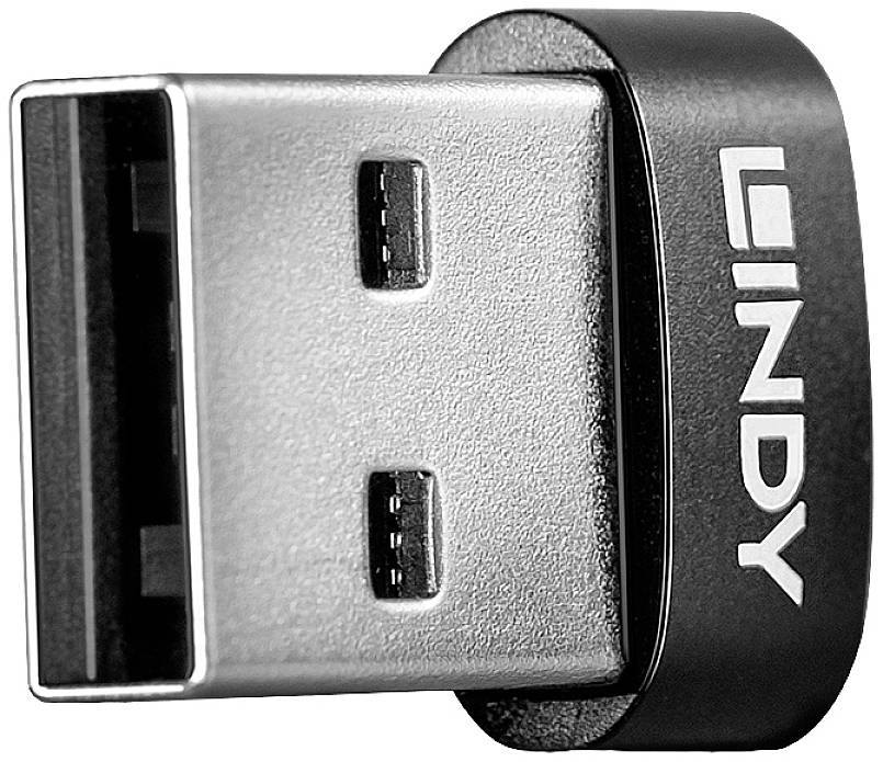 USB konektor s firemní značkou 'Lindy' zachycený z boku v detailním záběru. Vhodný pro připojení ke kompatibilním zařízením.