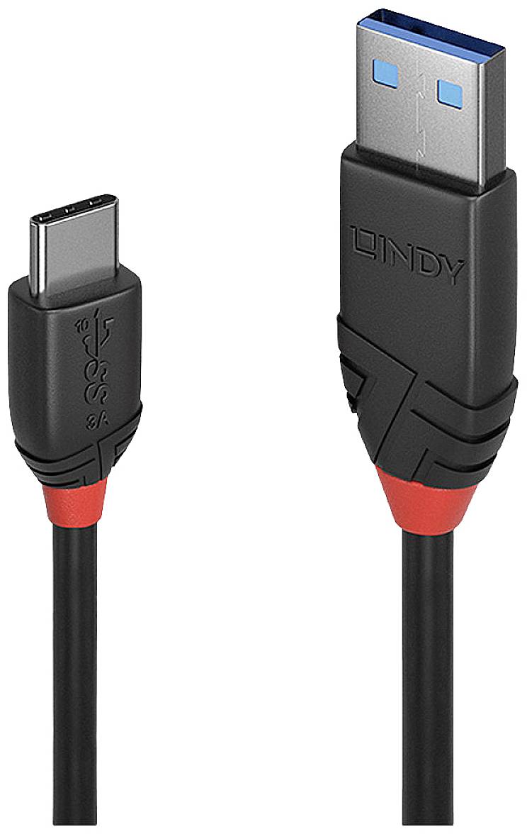 Dva napájecí konektory: vlevo USB-C, vpravo USB-A s modrým vnitřním prostorem. Oba konektory mají černé pouzdro a červené detaily.
