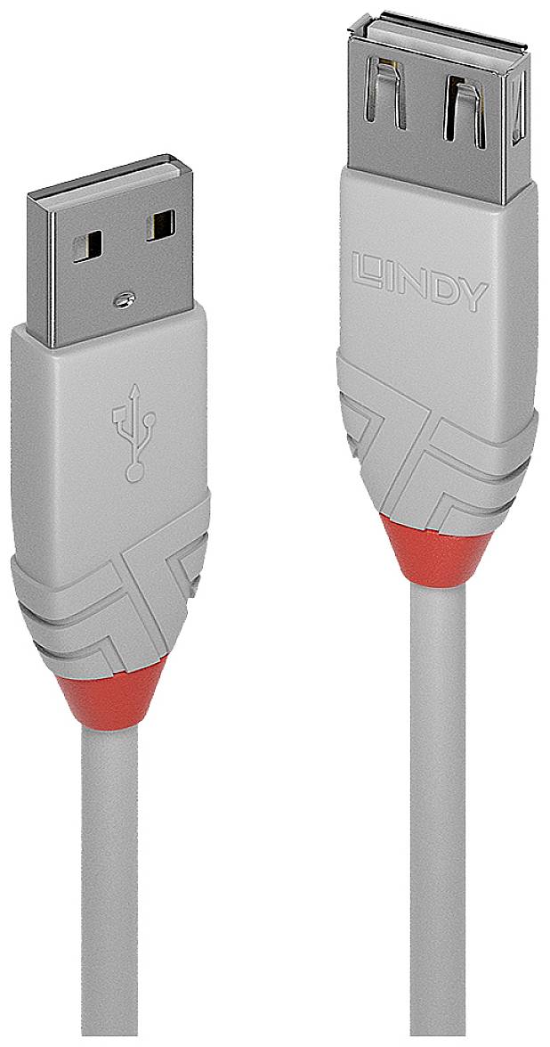 USB prodlužovací kabel se šedými konektory a červeným akcentem, USB-A zástrčka na USB-A zásuvku, vhodný pro propojení zařízení.