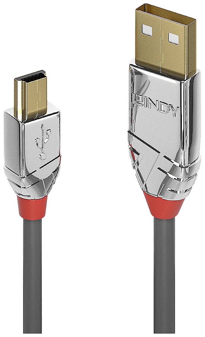 Detailní záběr dvou stříbrných USB kabelů s červenými akcenty; vlevo menší konektor, vpravo větší typ konektoru.