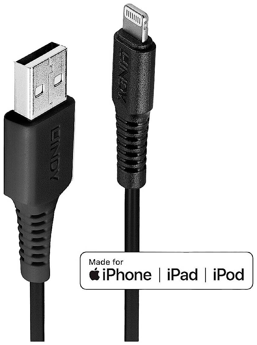 Černý USB na Lightning kabel, kompatibilní s iPhone, iPad a iPod.