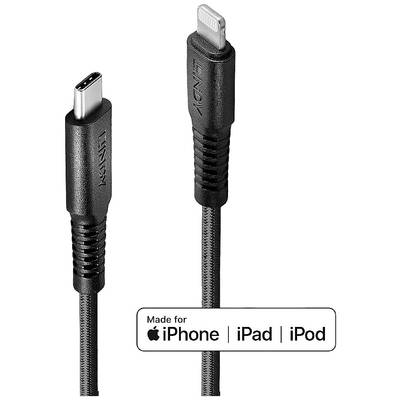 USB-C na Lightning kabel, kompatibilní s iPhone, iPad, iPod. Černý kabel, vyrobený společností Lindy.