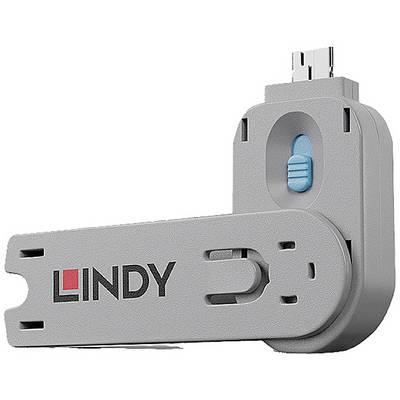 Šedý USB adaptér od Lindy s pohyblivým konektorem a modrým ochranným spínačem.