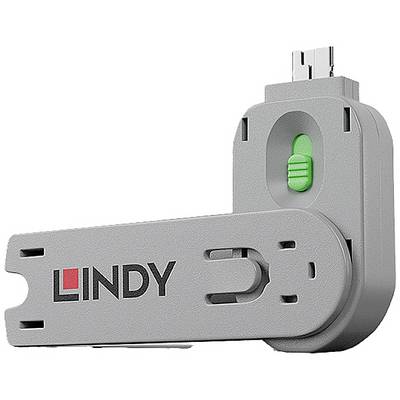 Šedý USB adaptér s zeleným přepínačem a logem 'Lindy'.