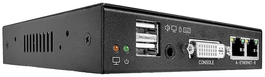 Černé síťové zařízení s několika porty, včetně USB, DVI, sériového a ethernetového, je zobrazeno z bočního pohledu.
