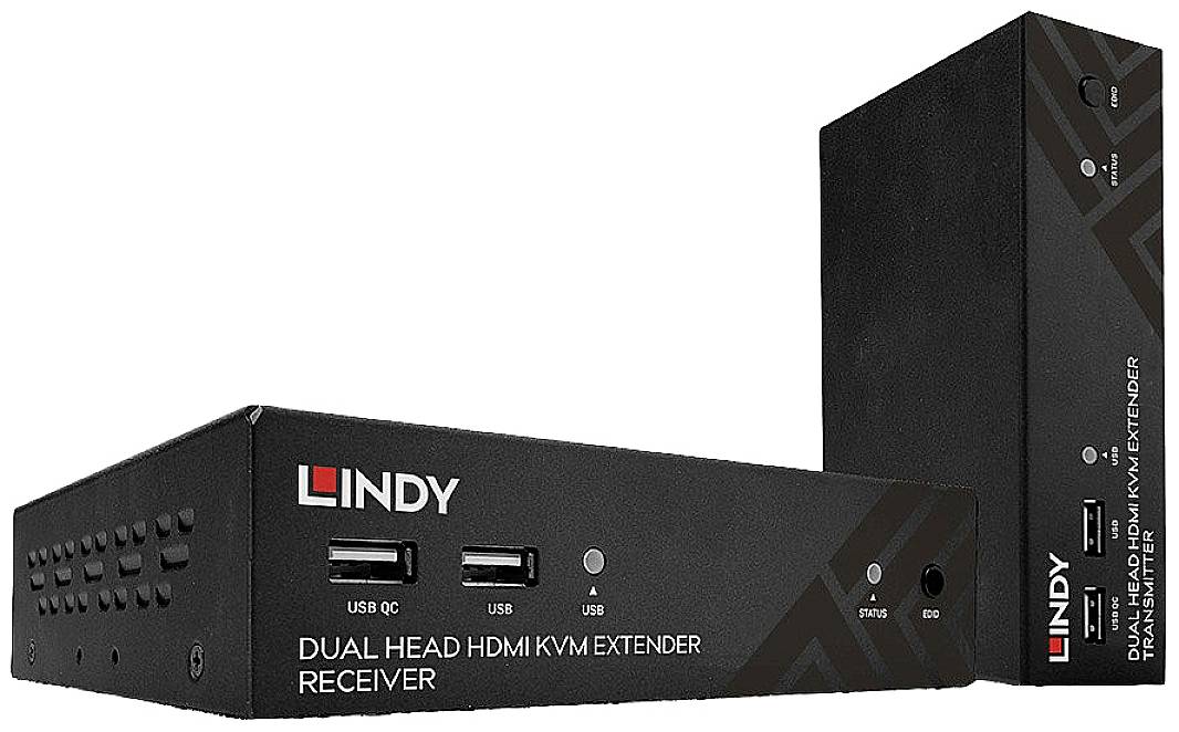 Dva černé přístroje LINDY pro prodloužení HDMI, s USB porty a provozními indikátory, postavené vedle sebe.