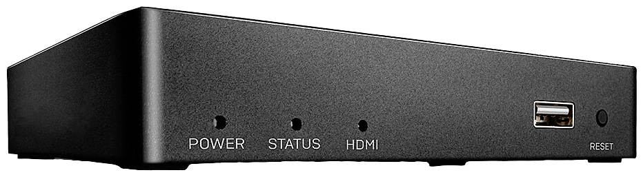 Černá set-top-box s přípojkami: Napájení, Stav, HDMI, USB, Reset.