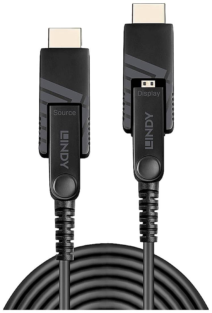 HDMI kabel s černě šedým designem. Označen štítky 'Source' a 'Display' na koncovkách. Vhodný pro audio a video připojení.