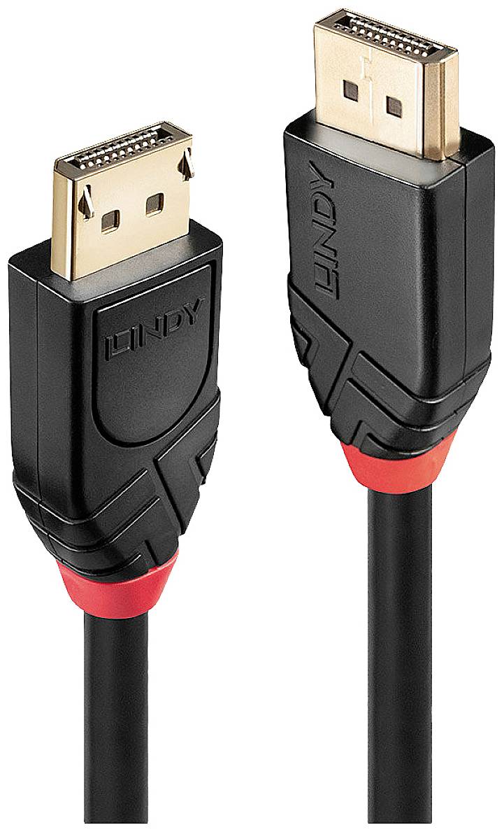 Dva DisplayPort kabely s černými konektory a červenými akcenty, každý s nápisem 'LINDY'.
