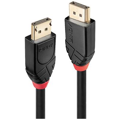 Dva DisplayPort kabely s černými konektory a červenými akcenty, každý s nápisem 'LINDY'.
