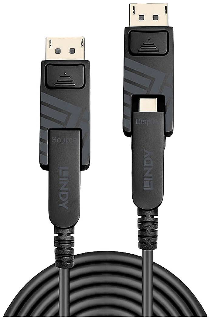 DisplayPort kabel se dvěma konektory s označeními 'Zdroj' a 'Displej', vhodný pro vysokokvalitní audio a video připojení.