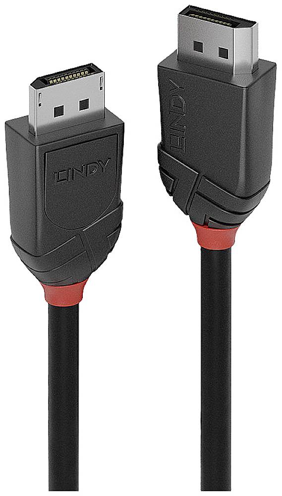 Dva černé DisplayPort kabely s červenými akcenty, technologie pro přenos video a audio signálů.