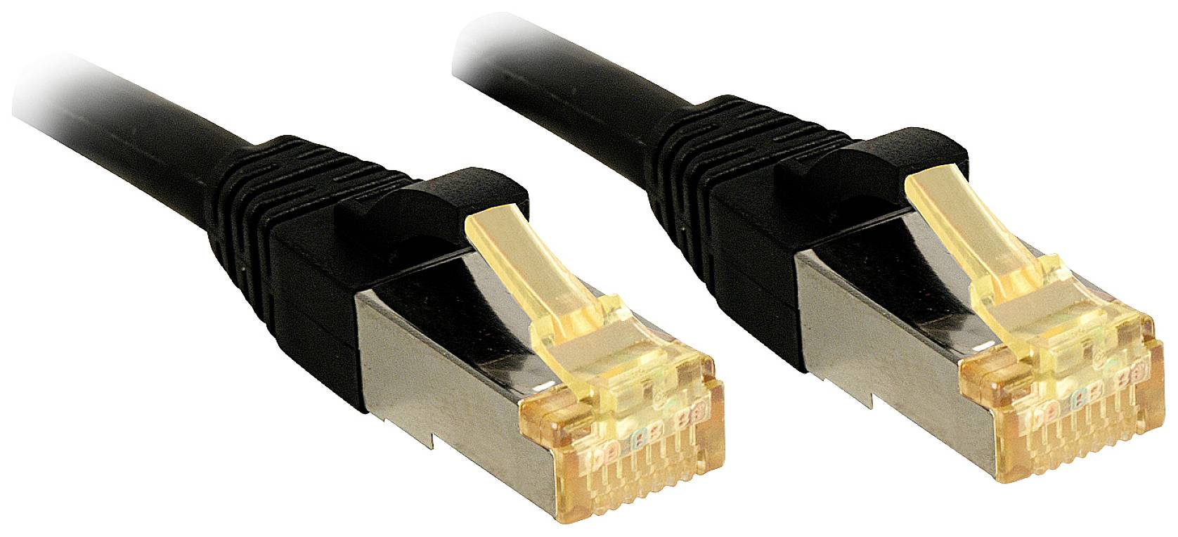 Dva černé ethernetové kabely se zlatými konektory RJ45, které jsou viditelné na obou stranách.