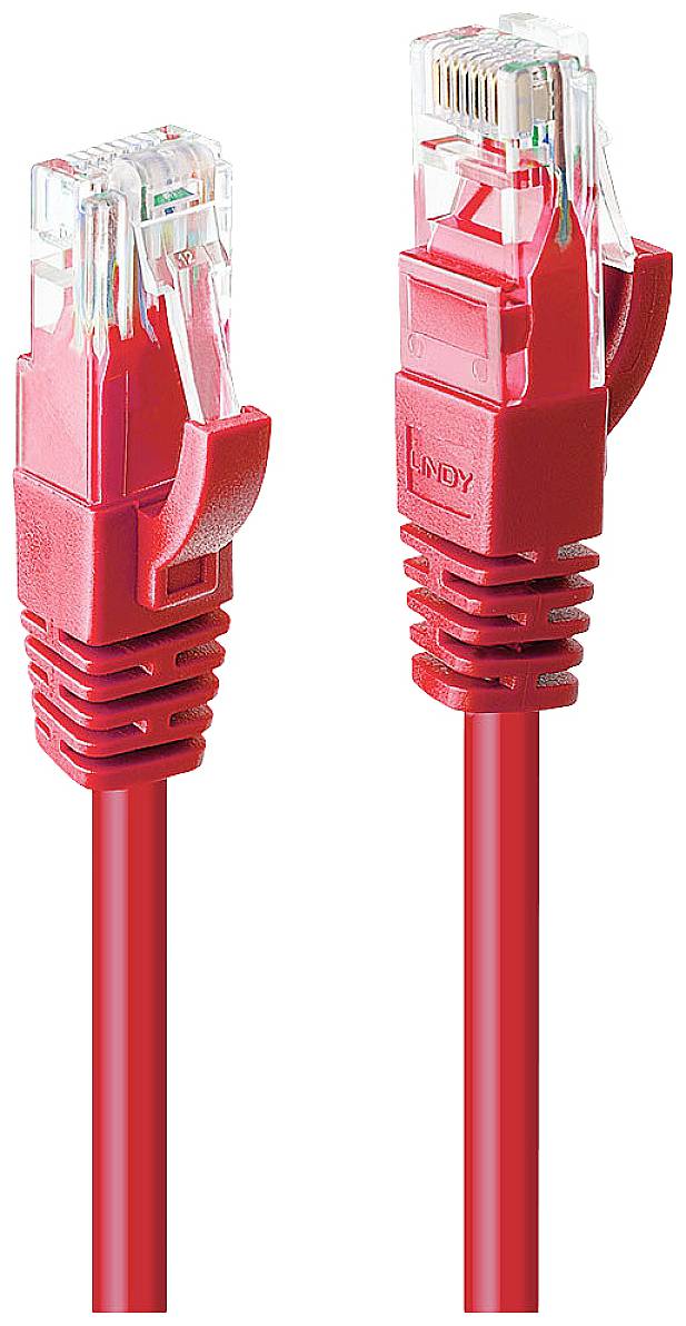 Dva červené síťové kabely s RJ45 konektory, zobrazené vedle sebe na bílém pozadí.