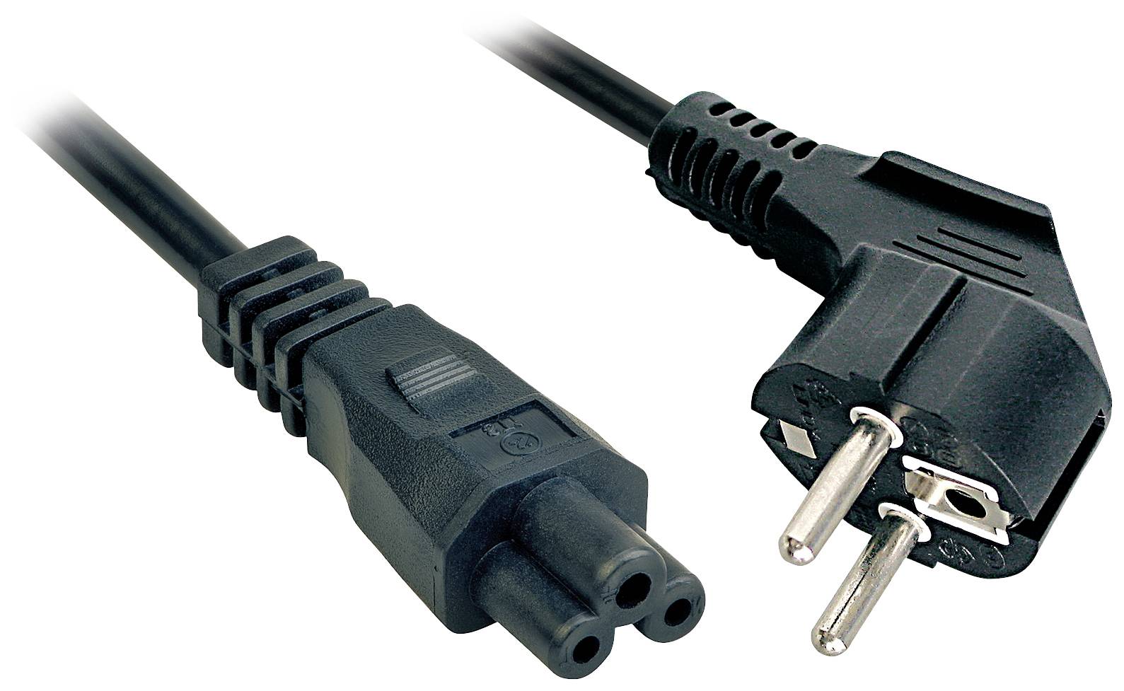 Obrázek černého síťového kabelu s eurokonektorem a napájecí vidlicí IEC, typický pro napájení elektrických zařízení v Evropě.