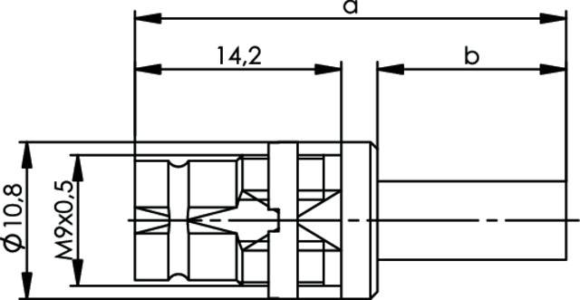 Technický výkres válcové součásti s popisky: průměr 10,8, délka a a b, závit M9x0,5, rozměr 14,2.