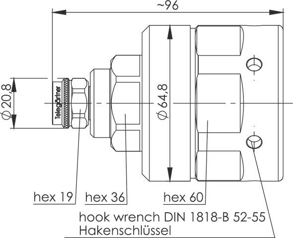 Technický výkres součásti s rozměry. Detaily zahrnují průměr a klíčové velikosti: 'hex 19', 'hex 36', 'hex 60'.