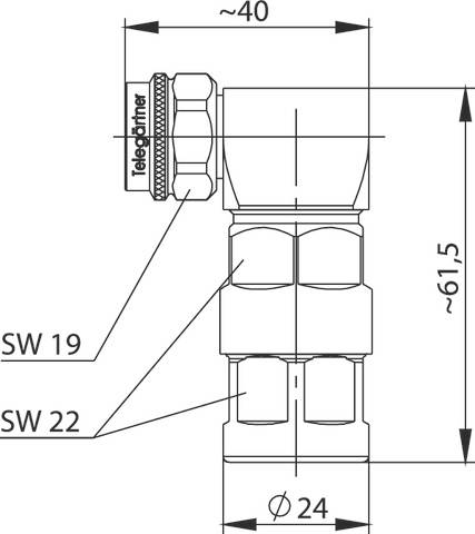 Technický výkres mechanické součástky od společnosti Telegärtner, zobrazující rozměry: výška ~61,5 mm, šířka ~40 mm, průměr 24 mm.