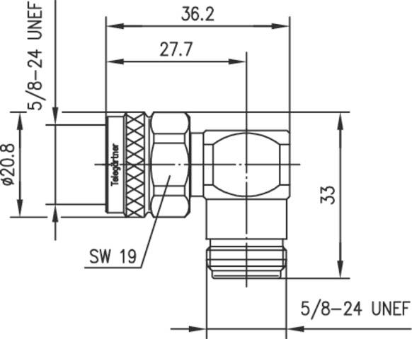 Technický výkres úhlového fitinku s rozměry: délka 36,2 mm, výška 33 mm, závit 5/8-24 UNEF, průměr 20,8 mm, klíč SW 19.