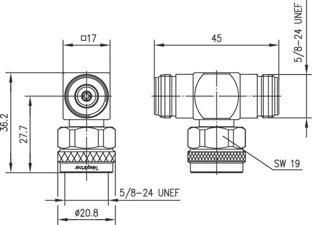 Technický výkres kovového spoje s bočními přípoji, rozměry a specifikacemi závitu ('5/8-24 UNEF', 'SW 19').