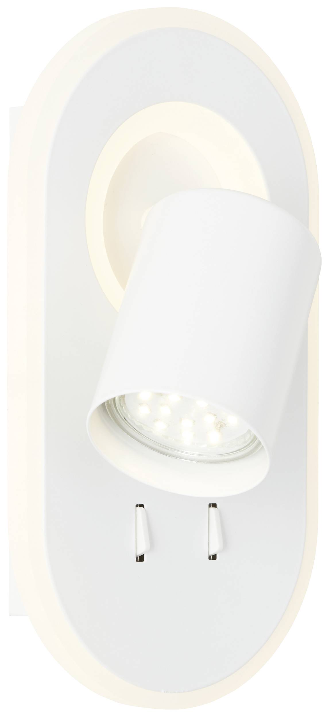 Bílé oválné nástěnné LED svítidlo s válcovitou hlavicí, směřující dolů. Moderní design pro interiéry.