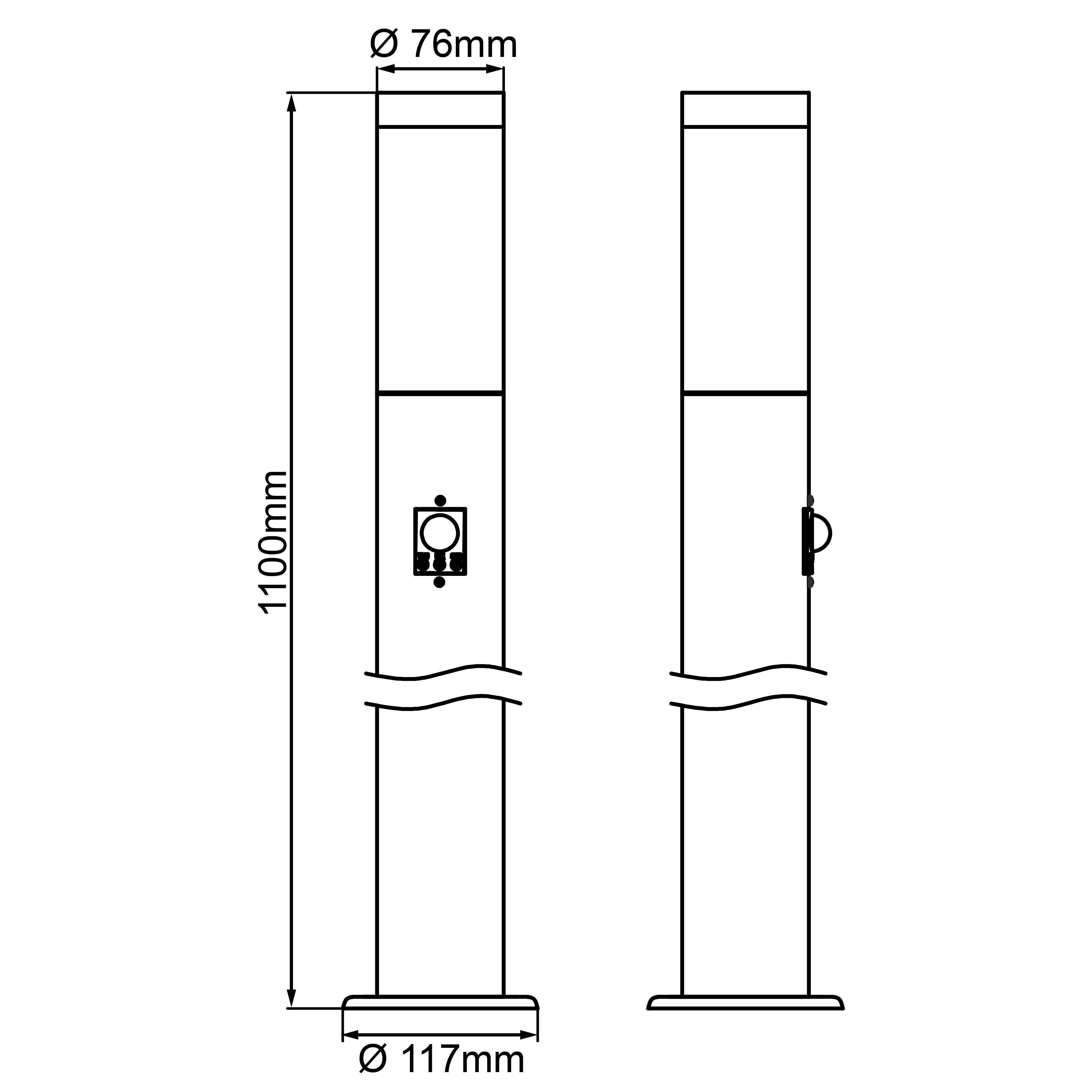 Dva válcové sloupy, vysoké 1100 mm, nahoře o průměru 76 mm a dole o průměru 117 mm. Jeden sloup má čelní desku s připojením.