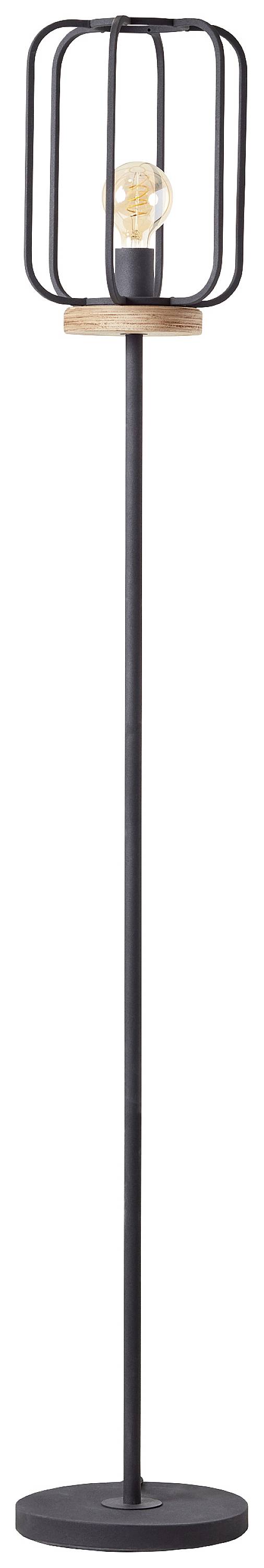 Stojací lampa s černým kovovým rámem a viditelnou žárovkou v moderním designu.