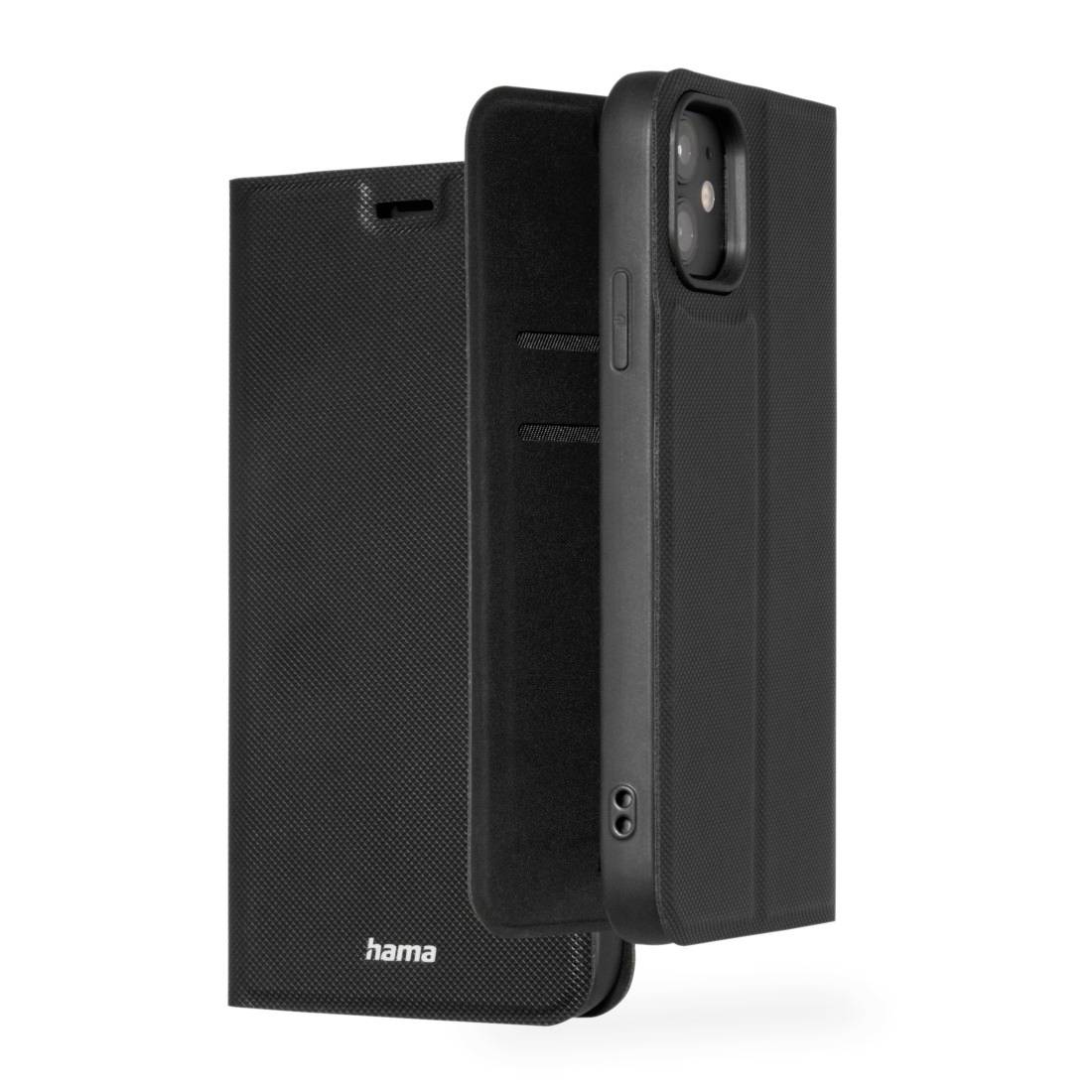 Černý obal na smartphone od značky 'Hama' s otevřeným, sklopným designem. Poskytuje ochranu telefonu a má dva prostory pro karty.