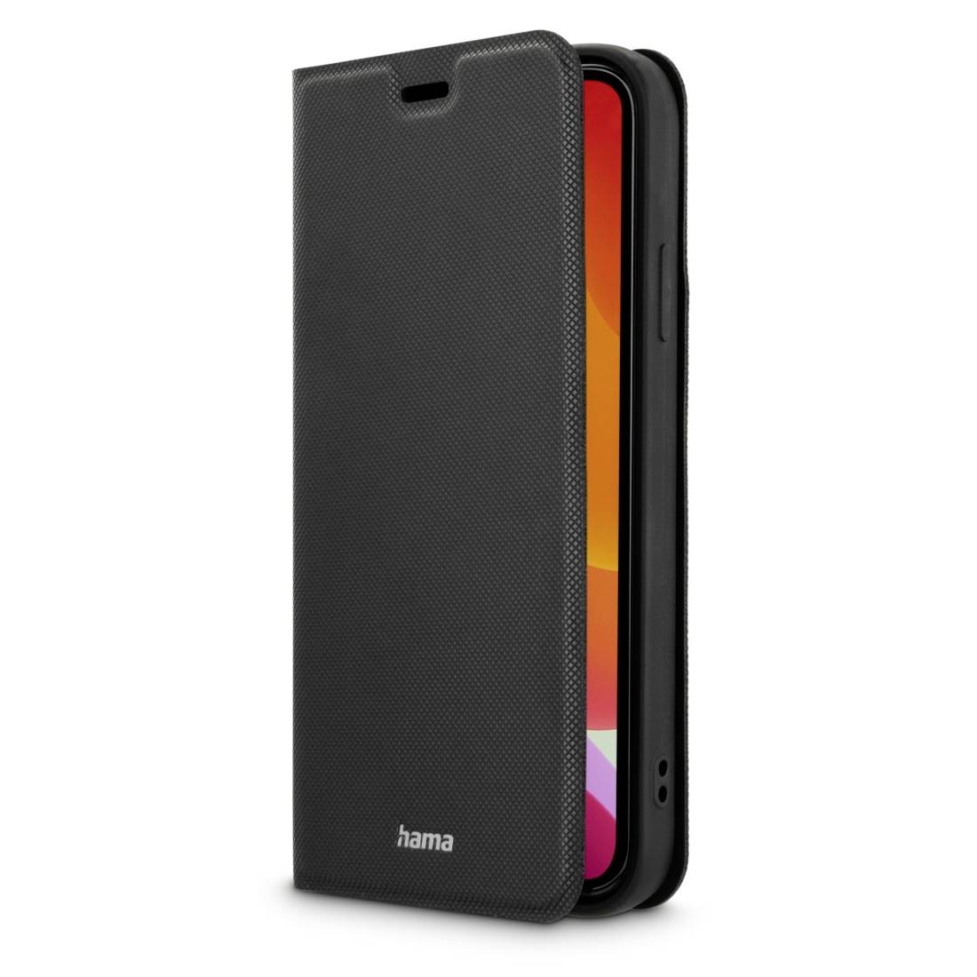 Černé, sklopné pouzdro na mobilní telefon s viditelným smartphonovým displejem, firemní logo dole na pouzdře.
