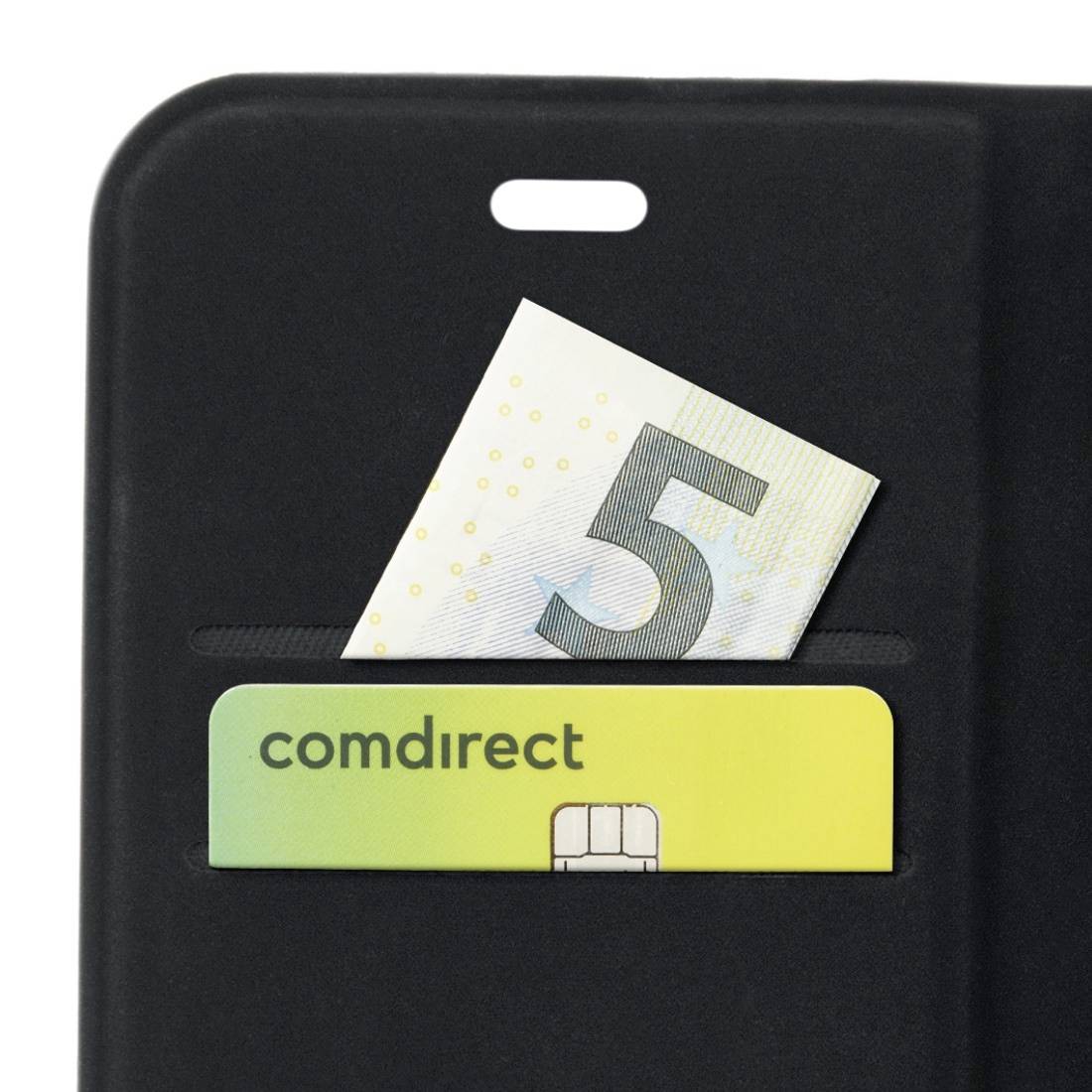 Černá peněženka s částečně viditelnou bankovkou a bankovní kartou 'comdirect'.