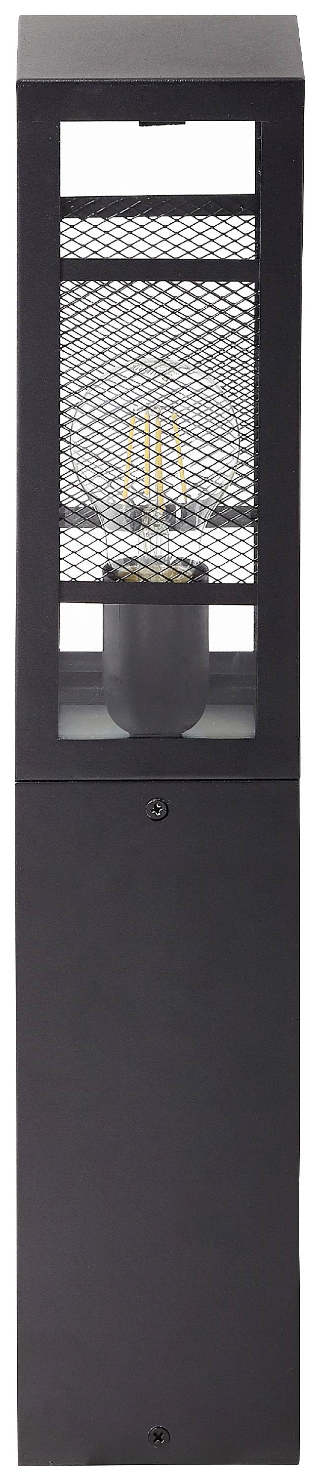 Černé venkovní osvětlení s mřížkovaným designem, viditelnou žárovkou, vhodné pro moderní zahradní nebo terénní úpravy.