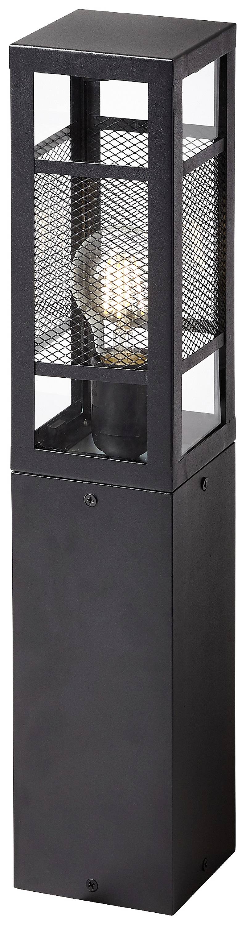 Černé venkovní hranaté svítidlo s kovovým mřížovým stínítkem a designem viditelné žárovky, ideální pro osvětlení zahrady.