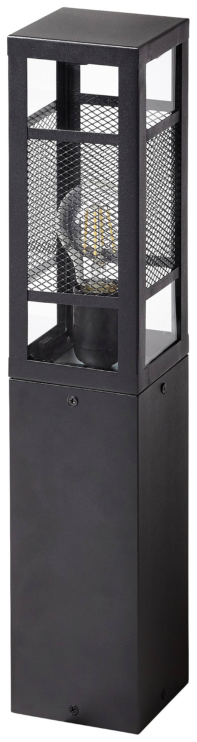 Černá venkovní lampa na pravoúhlém podstavci, s mřížkou a viditelnou žárovkou uvnitř, vhodná pro moderní zahradní osvětlení.