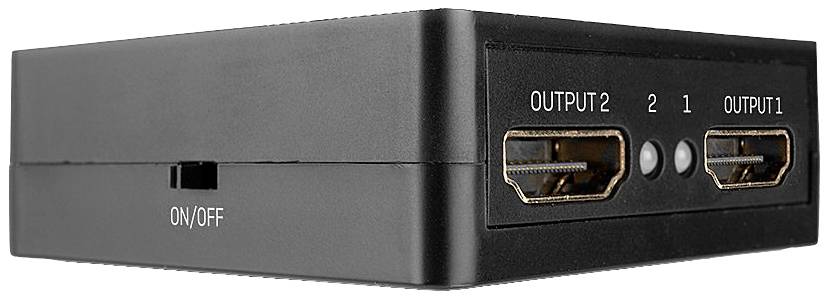 Černošedý HDMI přepínač se dvěma výstupy, přepínačem a dvěma tlačítky na přední straně, označenými jako 'VÝSTUP 1' a 'VÝSTUP 2'.